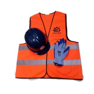 Orange luminous reflector gloves and helmet